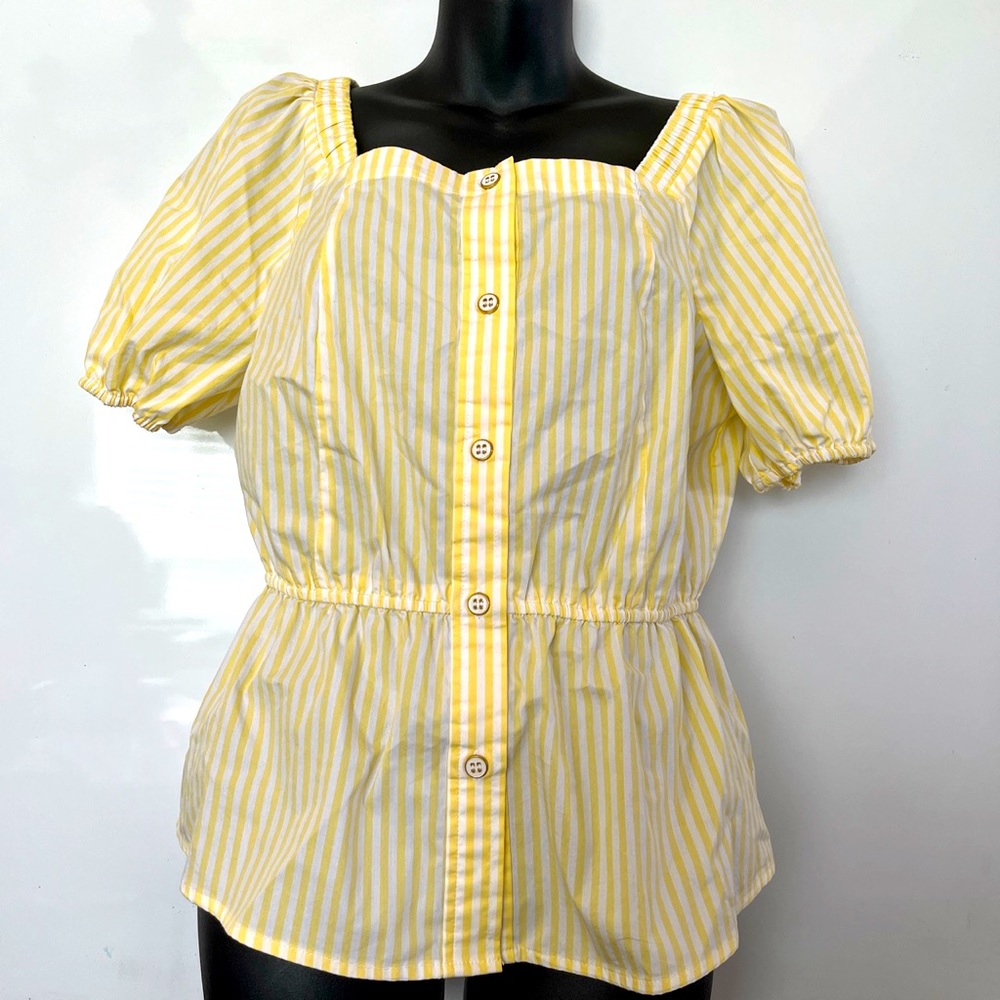 Liz Claiborne Yellow Short Sleeve Striped Blouse Women’s Shirt Top